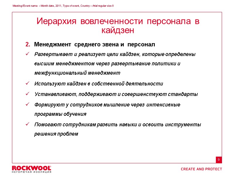 Менеджмент  среднего звена и  персонал Развертывает и реализует цели кайдзен, которые определены